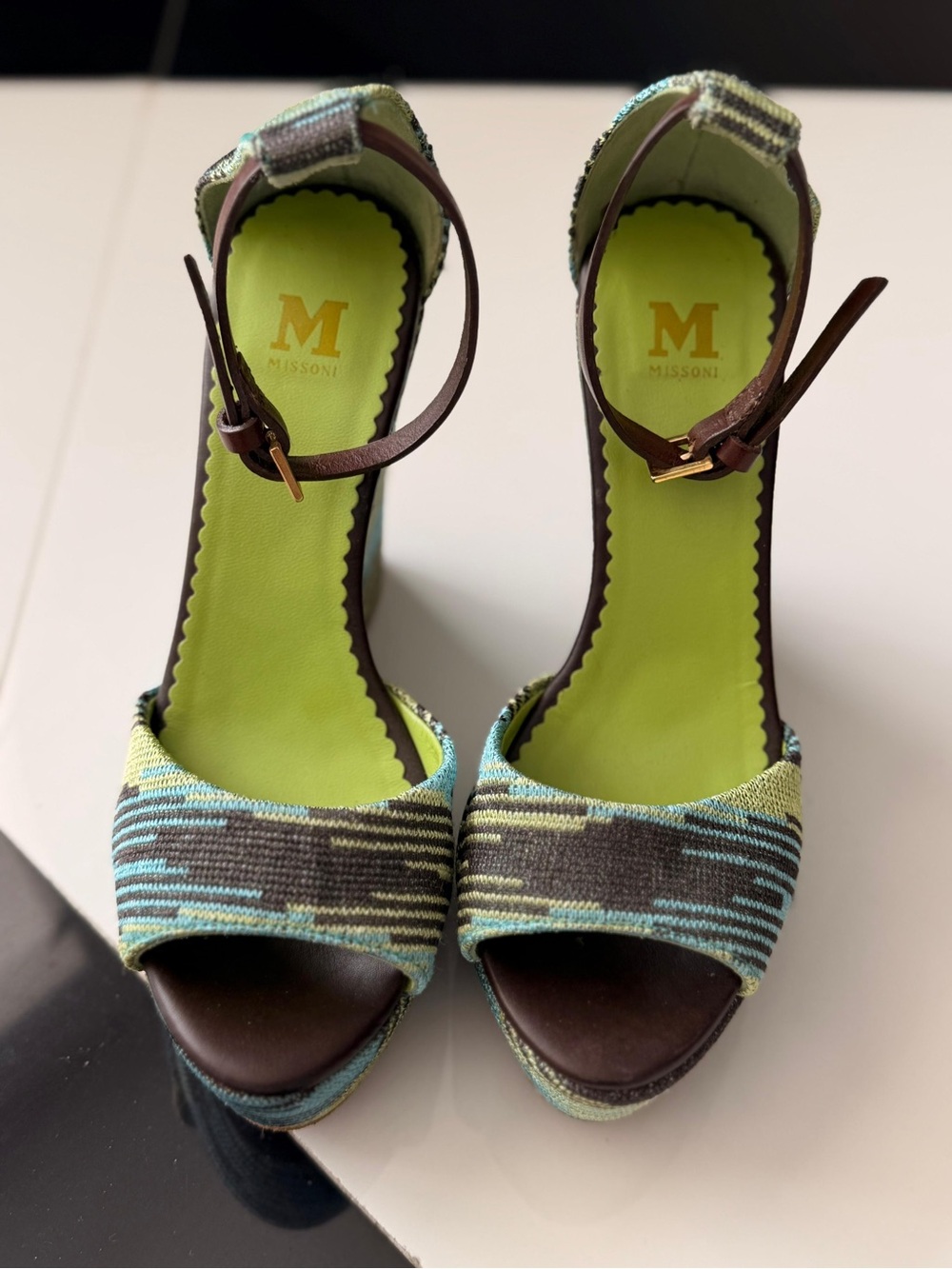 Missoni Lime Green and Aqua Patterned Open-Toe Ankle-Strap Heels